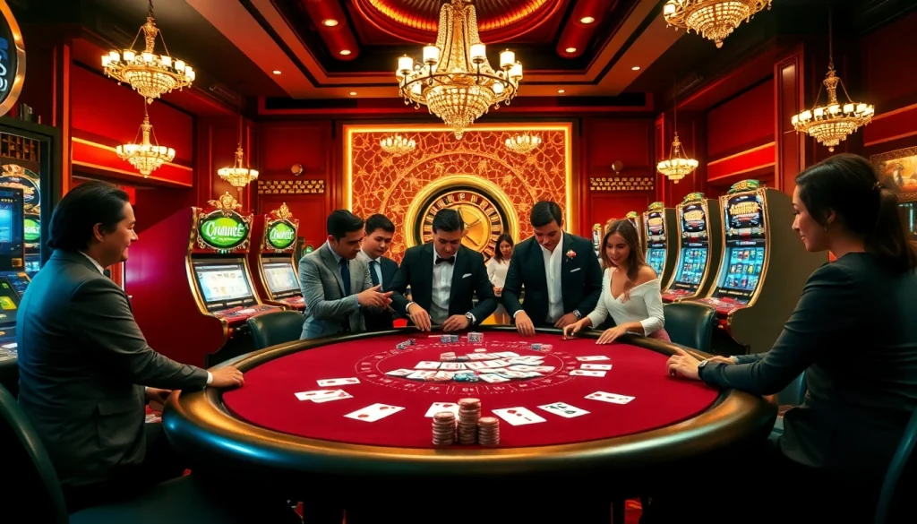 Players enjoying a thrilling game at Sky88 casino with vibrant slot machines and poker tables.