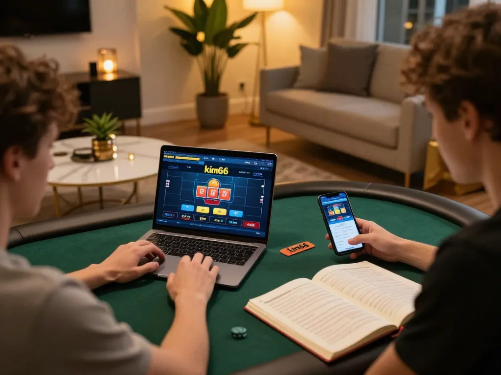 Engaged player using kim66 app for online poker, showcasing gaming strategy notes and cozy ambiance.