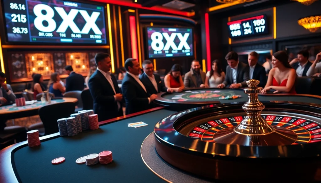 Players enjoying a vibrant casino experience with 8XX-themed poker chips and cards.
