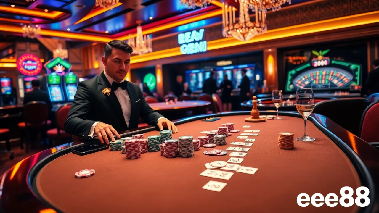 Experience the excitement of ee88 with a luxurious casino atmosphere featuring poker, roulette, and vibrant slot machines.