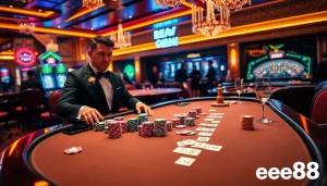 Experience the excitement of ee88 with a luxurious casino atmosphere featuring poker, roulette, and vibrant slot machines.
