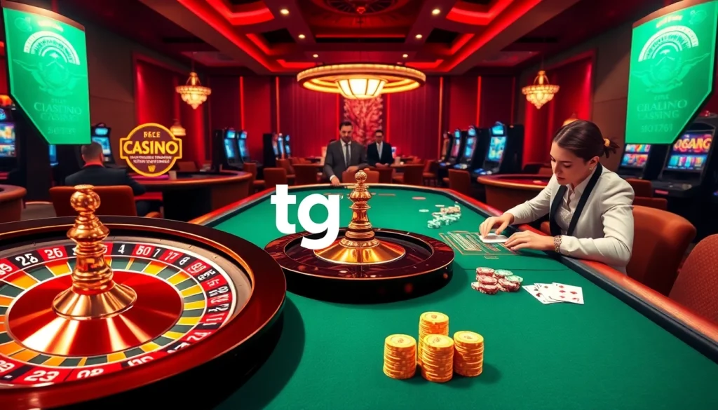 Experience the thrill of gambling at https://tg88m.com/ with this vibrant casino scene showcasing roulette and poker.