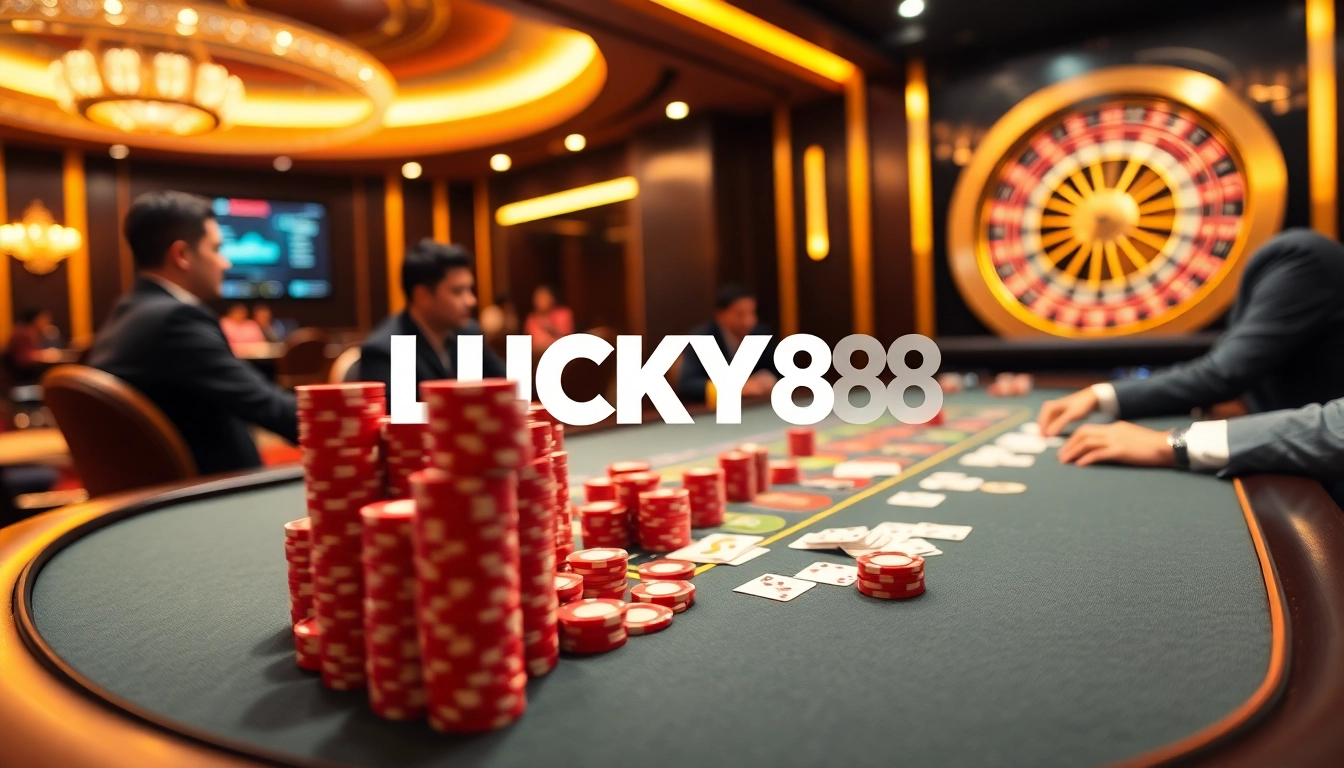 Experience LUCKY88 with vibrant casino action at a poker table, showcasing betting excitement.