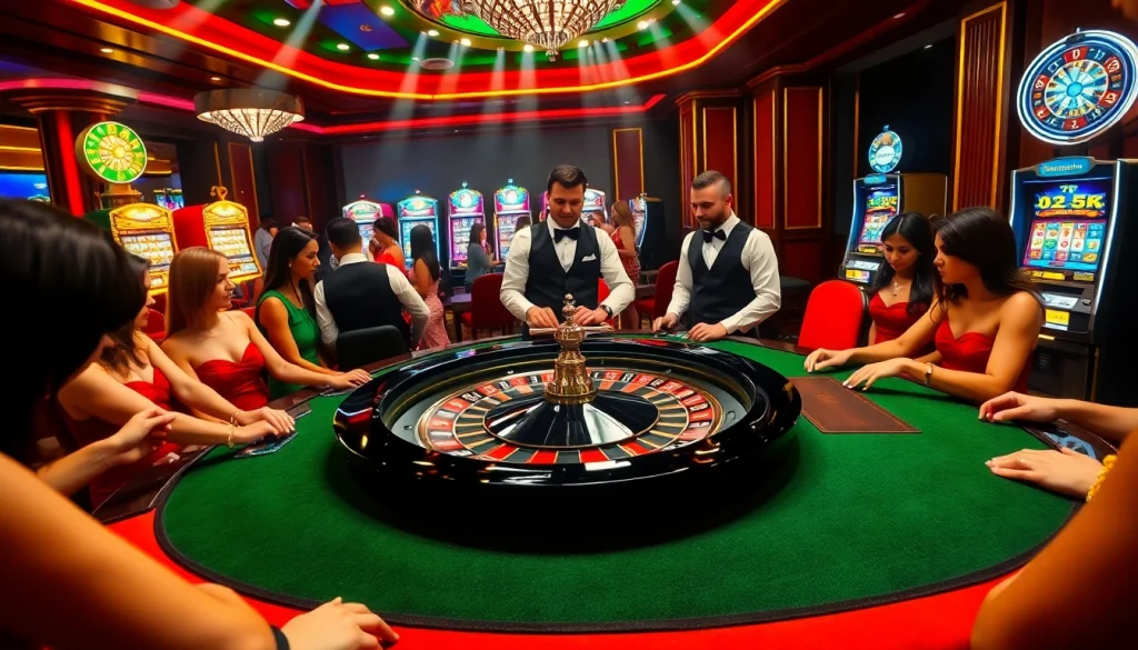 Experience the thrill of betting at https://88new.autos/ with a luxurious roulette table in a lively casino.