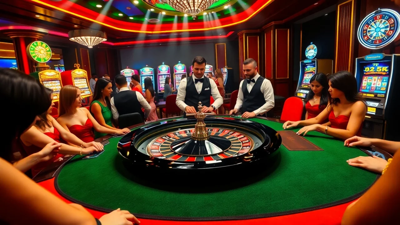 Experience the thrill of betting at https://88new.autos/ with a luxurious roulette table in a lively casino.