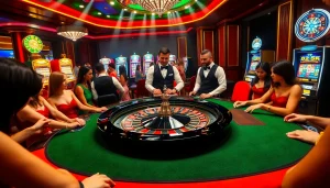 Experience the thrill of betting at https://88new.autos/ with a luxurious roulette table in a lively casino.