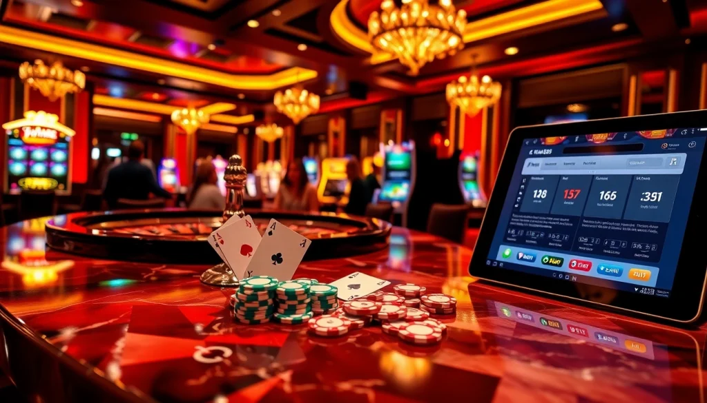 Players engaging in a thrilling game of poker at kim88 casino, surrounded by vibrant slot machines and roulette tables.