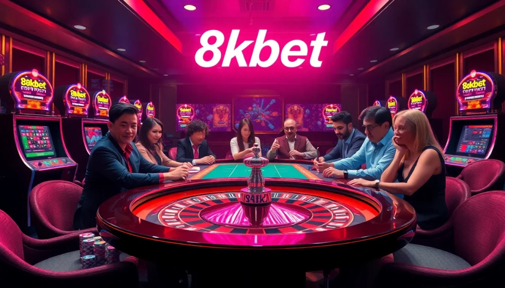 Experience the excitement of 8kbet with vibrant casino tables and players immersed in betting.