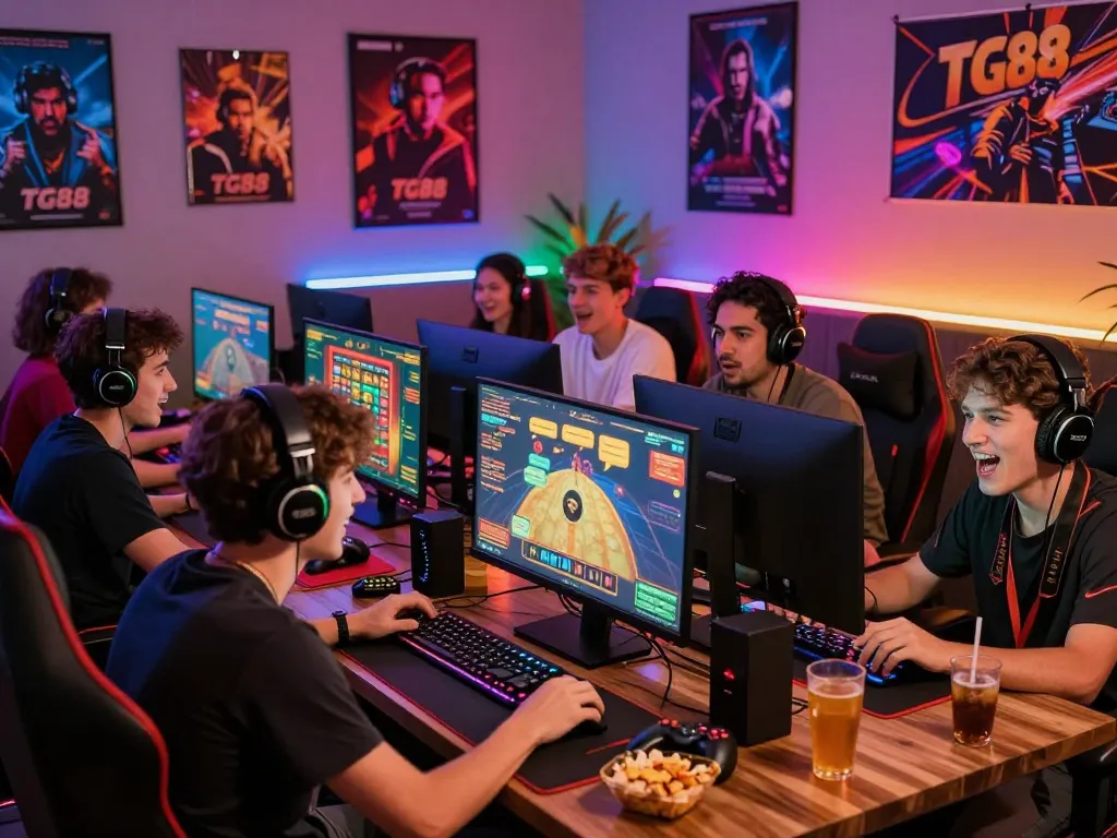 Engaged players enjoying TG88 online casino games in a lively atmosphere, showcasing an exciting gaming environment.