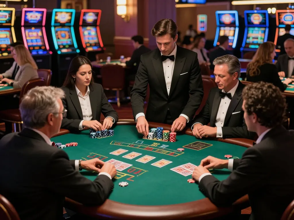 Dabet31 players engaging in exciting blackjack strategy at an upscale casino table.