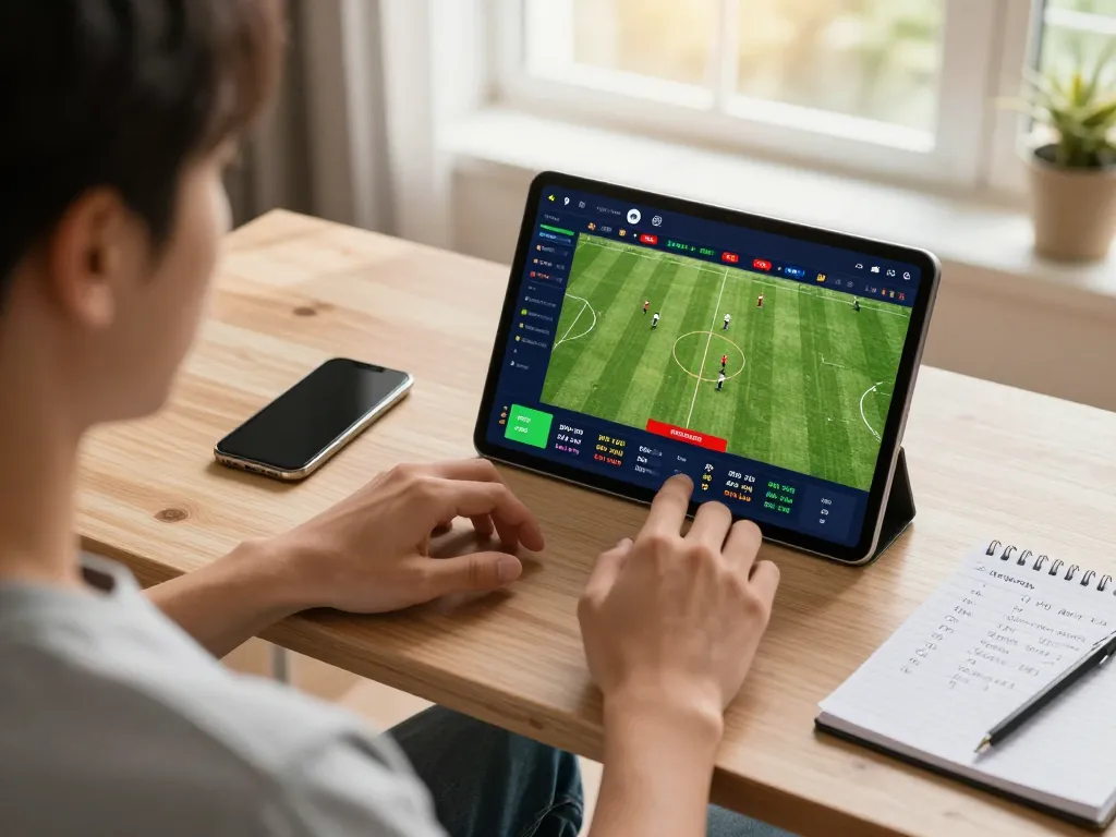 Online betting at f8betz with a live football match displayed on a tablet, showcasing betting excitement.