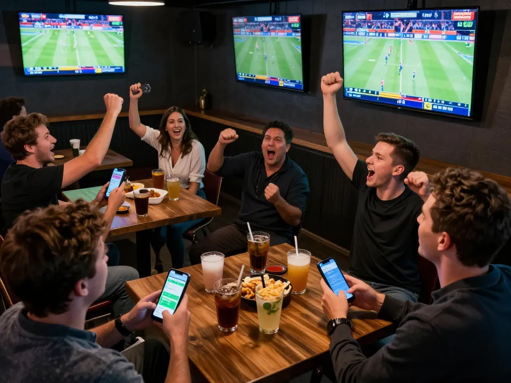 Engaging sports betting scene with keobongda apps displayed, friends celebrating game excitement.