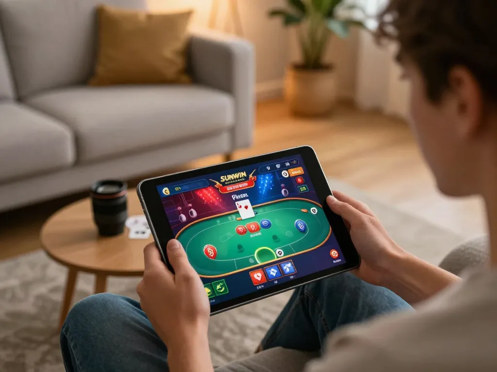 Engaging gameplay on Sunwin's online casino app displayed on tablet in a cozy home setting