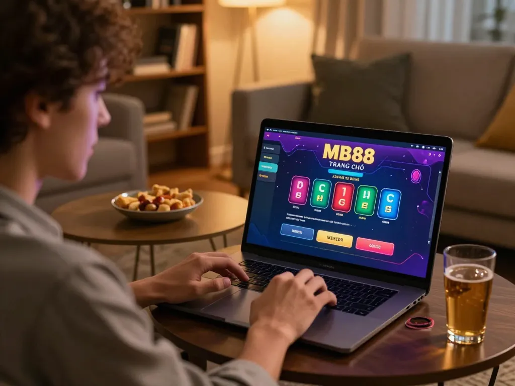 Engaging user on laptop displaying MB88 TRANG CHỦ for online gambling in cozy home setting.