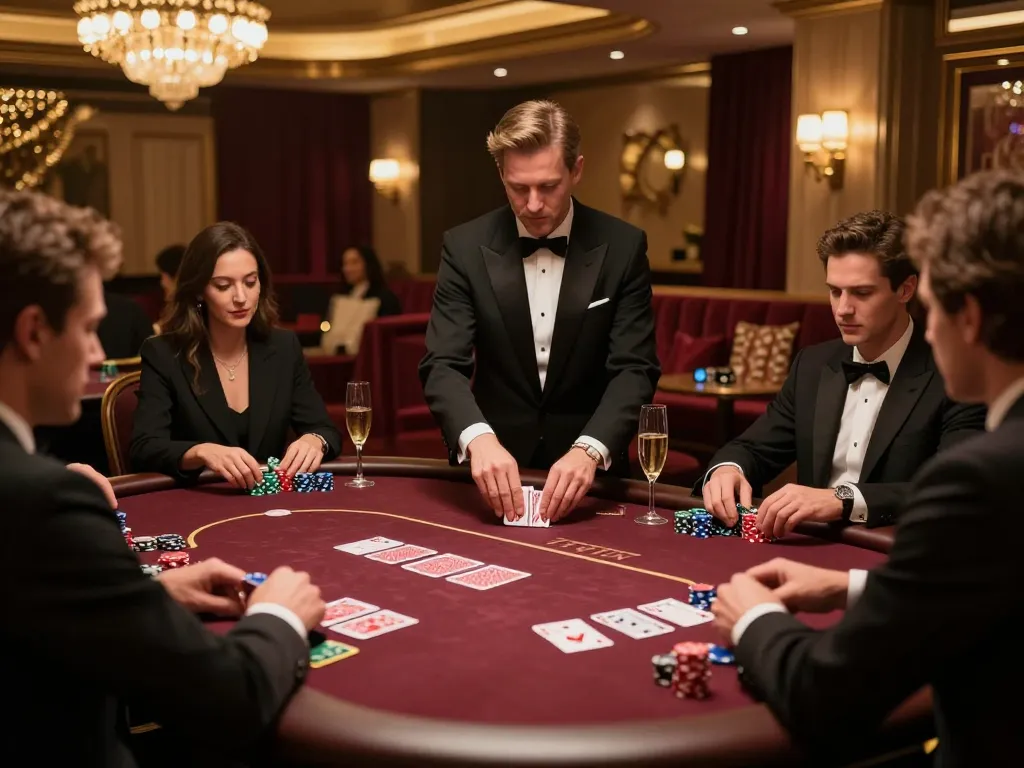 Hitclub VIP poker table with players analyzing hands and dealer managing bets in lavish casino setting.
