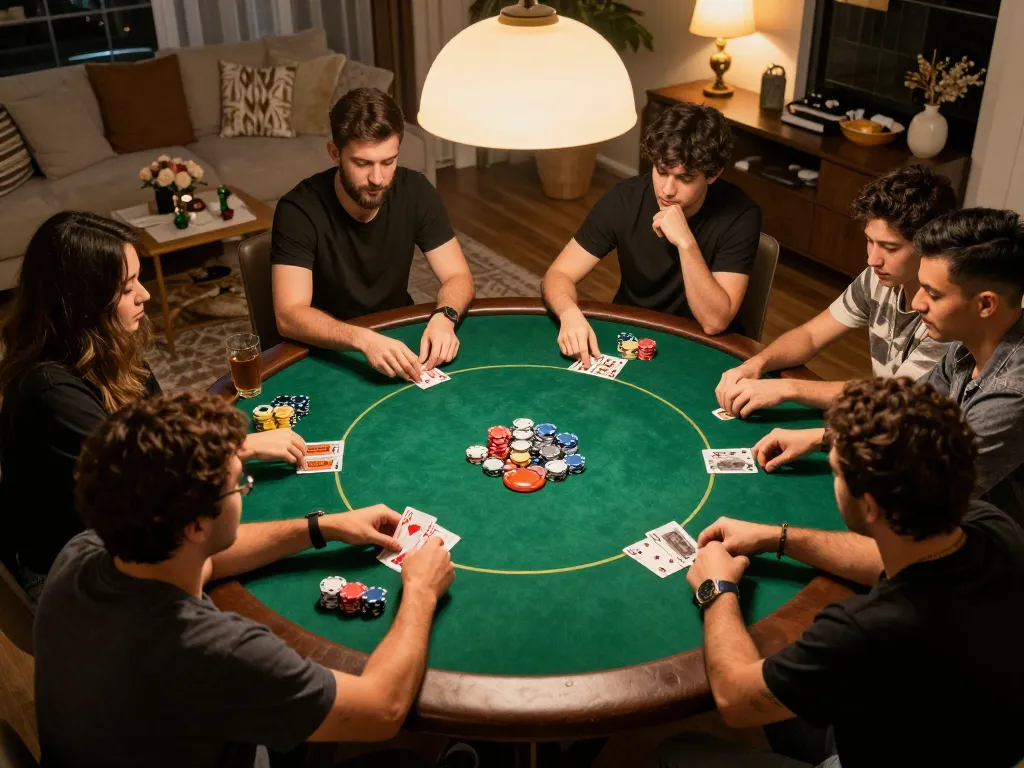 Hitclub players enjoy a lively game of poker at a home gathering, with chips and cards in action.