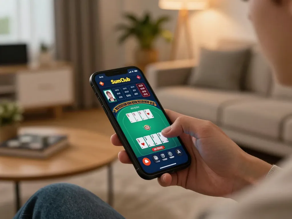 Engaging online gaming experience on SumClub with a mobile device, highlighting user interaction.