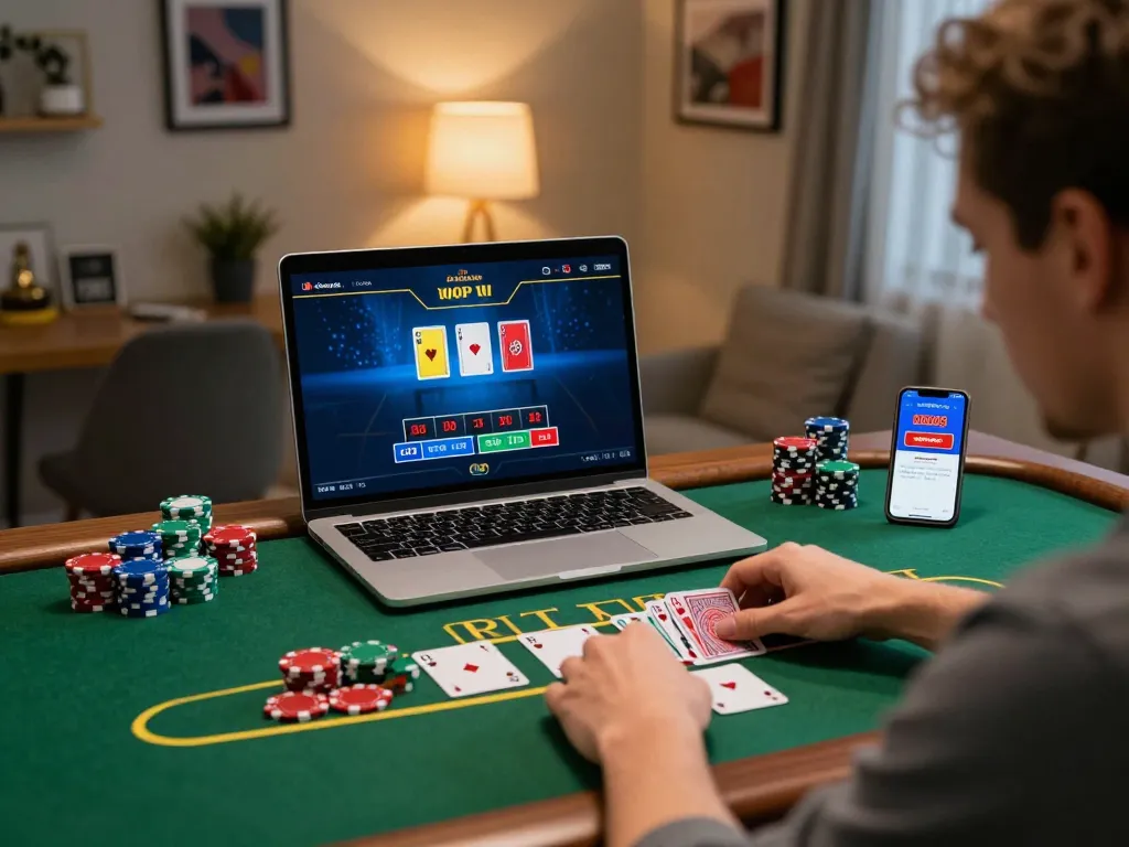Player engaging in a live dealer game on RED88 casino app from a stylish home office.