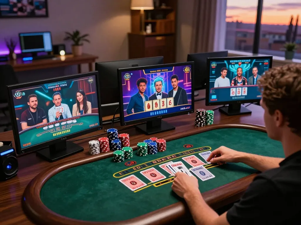 KKWIN players enjoying live dealer blackjack in a modern home gaming setup with vibrant colors