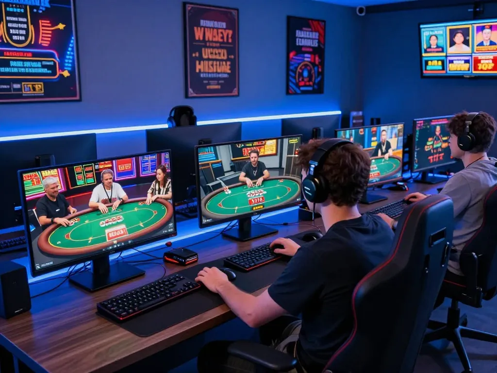 Enjoying online poker games at home with mb66, multiple screens showcasing strategic play and vibrant casino action.