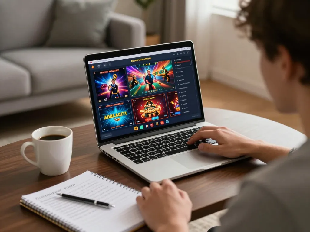 Engaging player using laptop for online gaming at SC88 TRANG CHỦ, showcasing strategic betting.