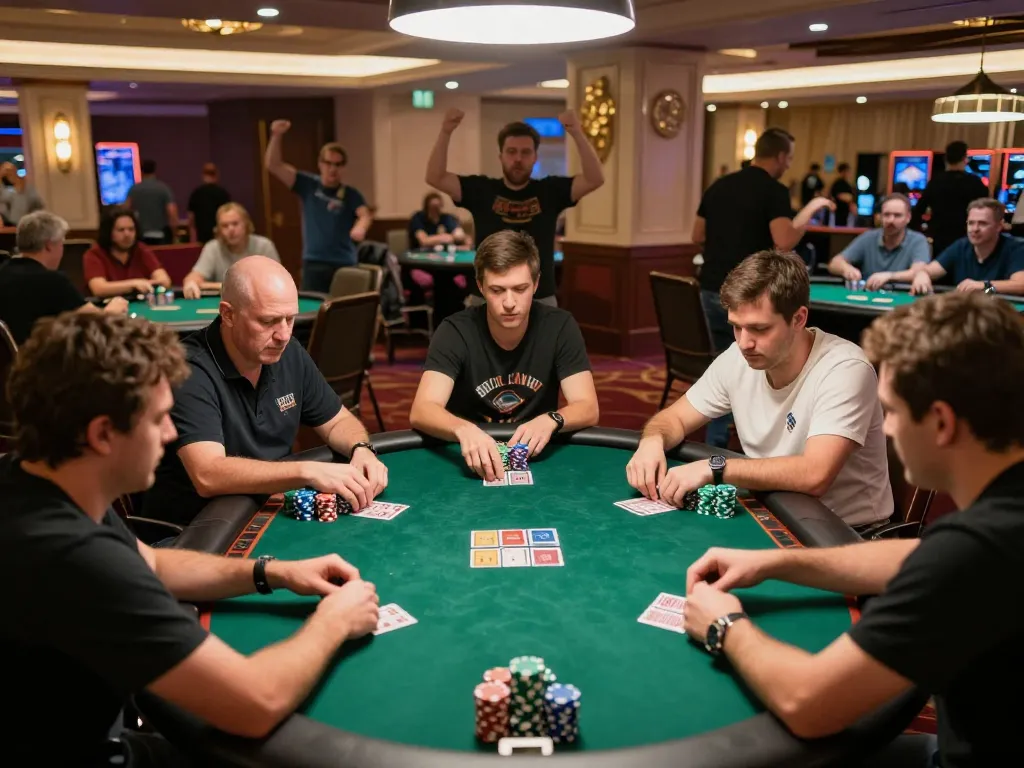 Players enjoying a competitive poker game at Okfun casino, focusing on their strategy and stacked chips.
