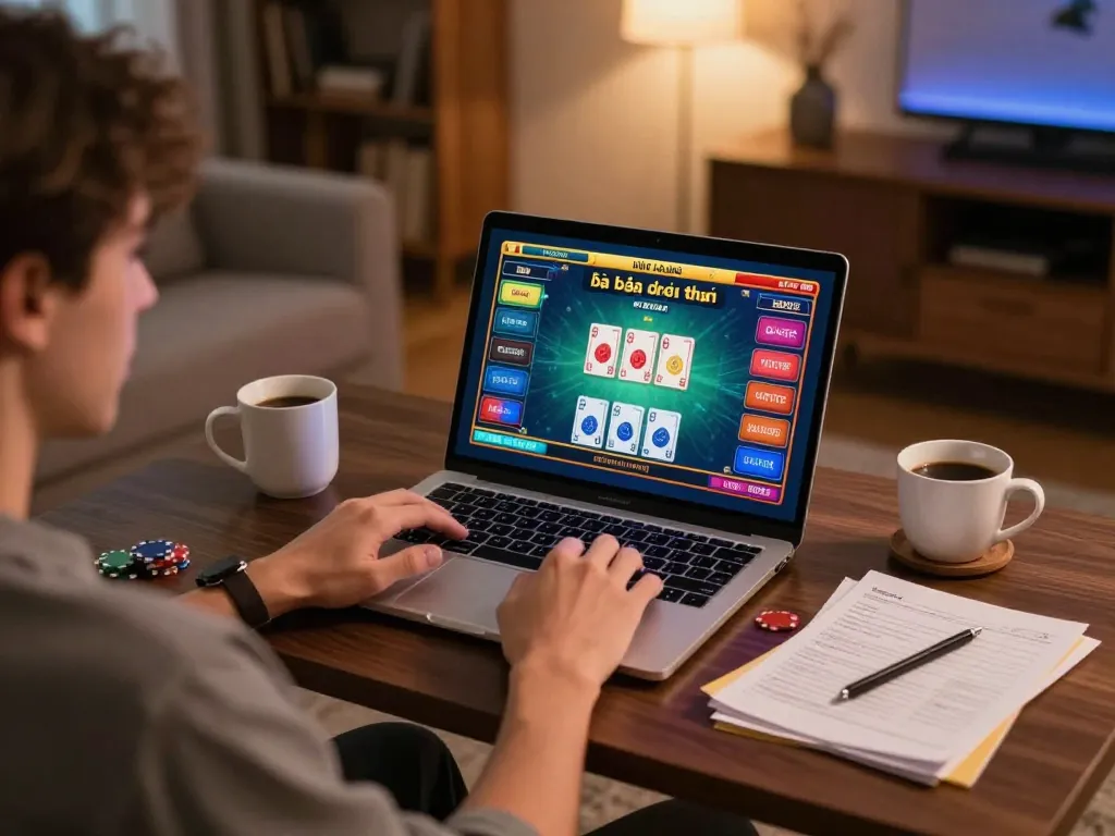 Engaging with game bài đổi thưởng on a laptop, showcasing a strategic home gaming environment.