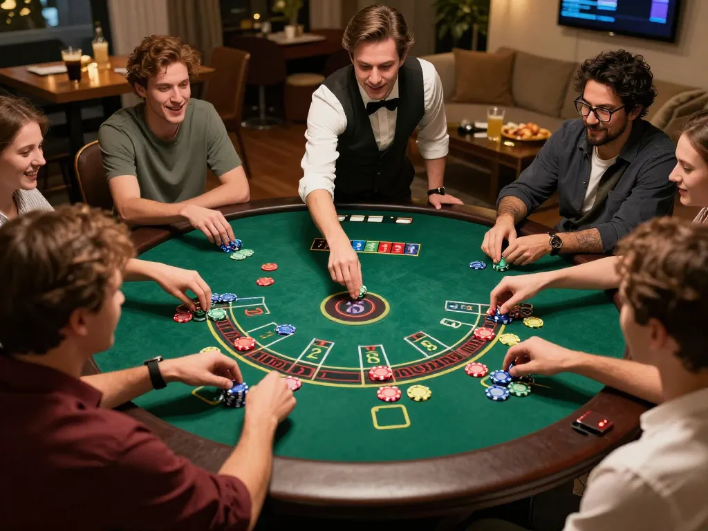 xóc đĩa players celebrating wins at vibrant game table with chips and cards