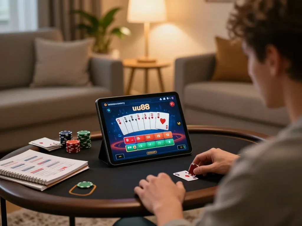 Player engaging with uu88 online poker on a tablet in a cozy home setting.