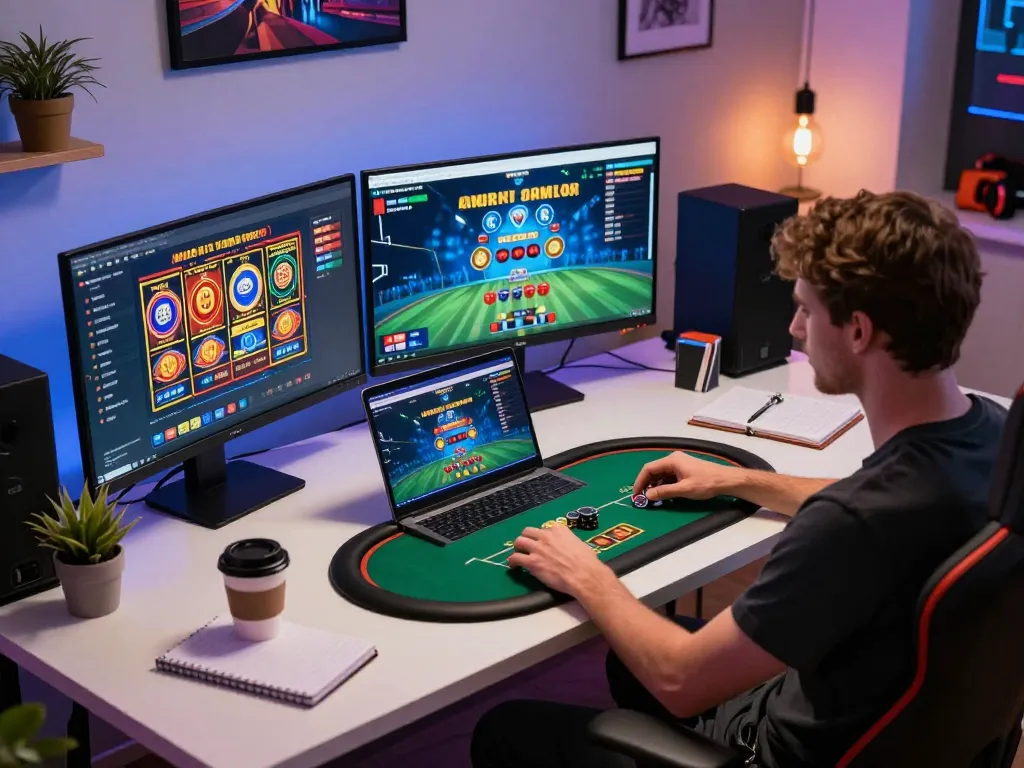 ALO8 online gaming setup featuring poker gameplay with a focused player in a cozy room ambiance.