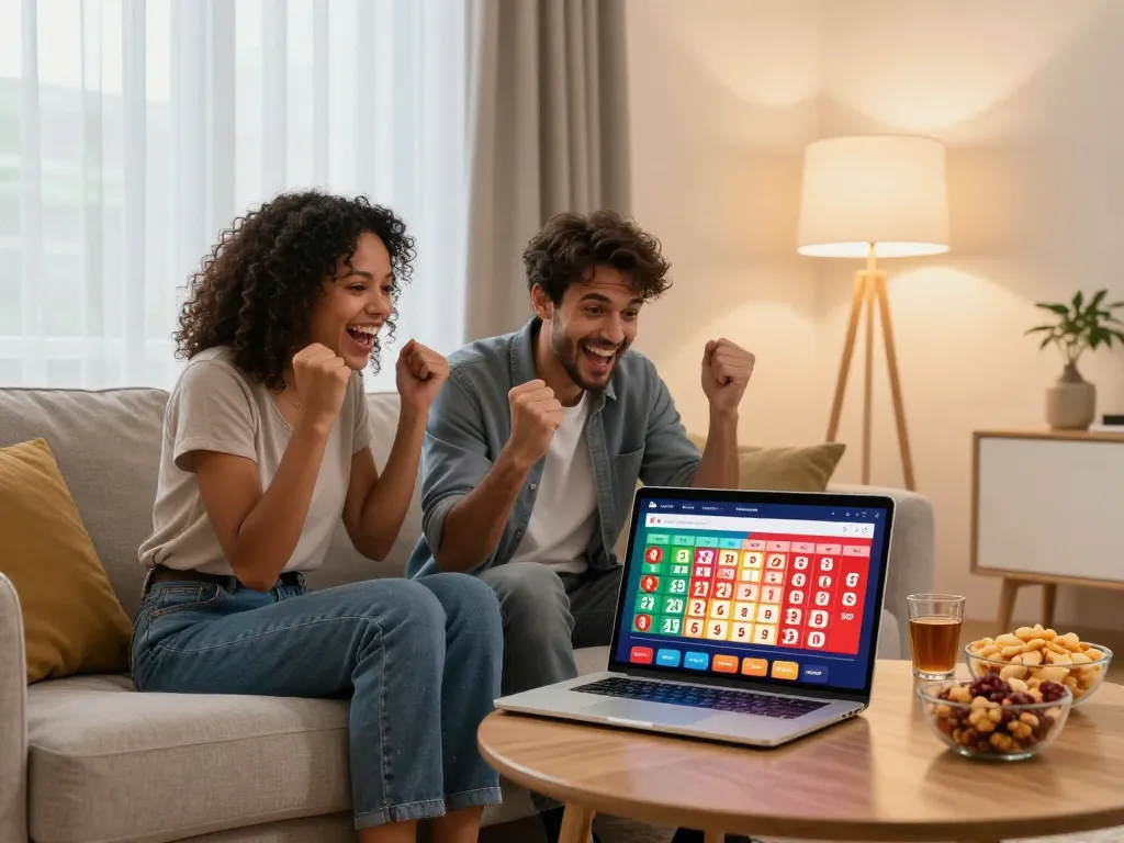 Xổ số mb66 online gaming session showing friends celebrating potential lottery win on a laptop