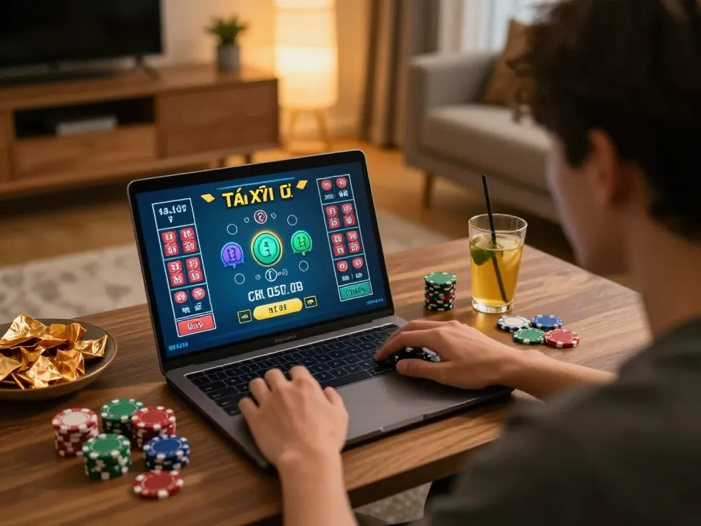Tài Xỉu online gameplay on a laptop in a cozy home setting with snacks and warm lighting
