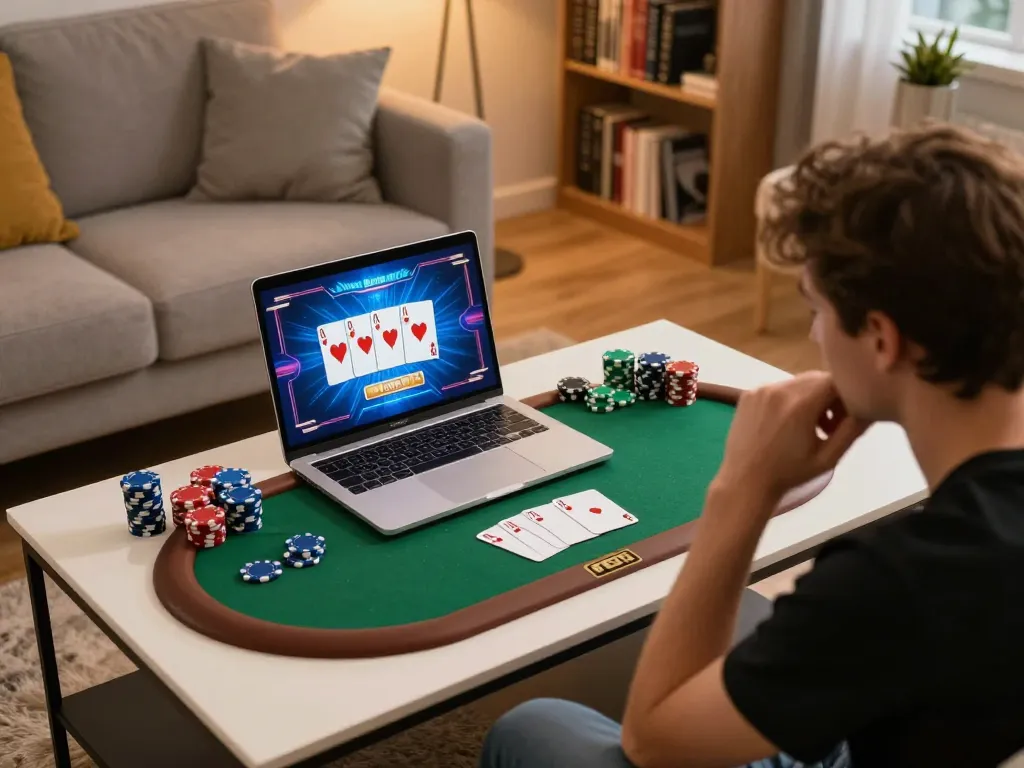 U888 player strategizing during an online poker game in a cozy environment.