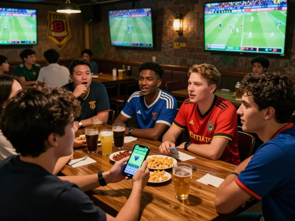 Friends excitedly checking kèo nhà cái while placing bets during a live sports event.