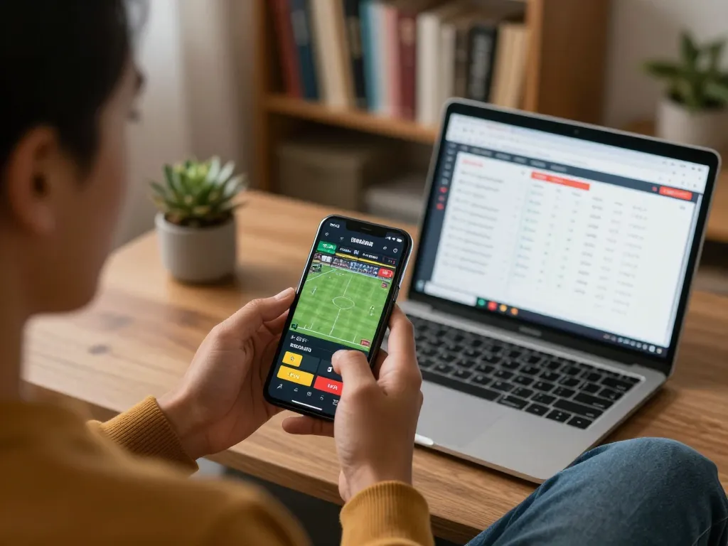 Engaging in Ev88 sports betting from a smartphone while analyzing odds at home.