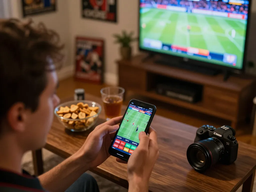 Excited player using the LV88 app for live sports betting at home with snacks and drinks.