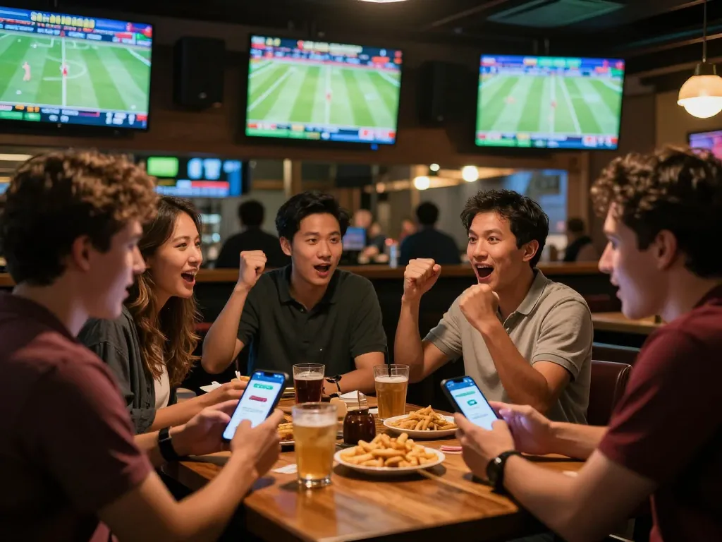 Engaged bettors using the 1gom app for live sports betting in a vibrant sports bar atmosphere.