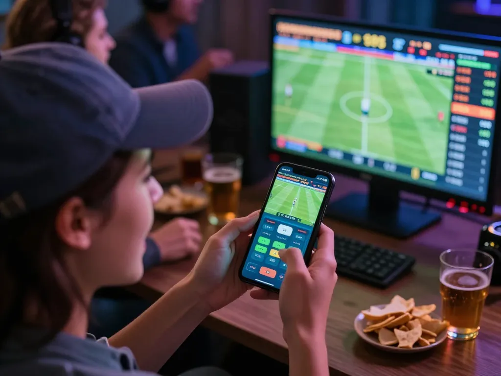 Excited player celebrating a winning bet on nowgoal sports platform, surrounded by live match displays.