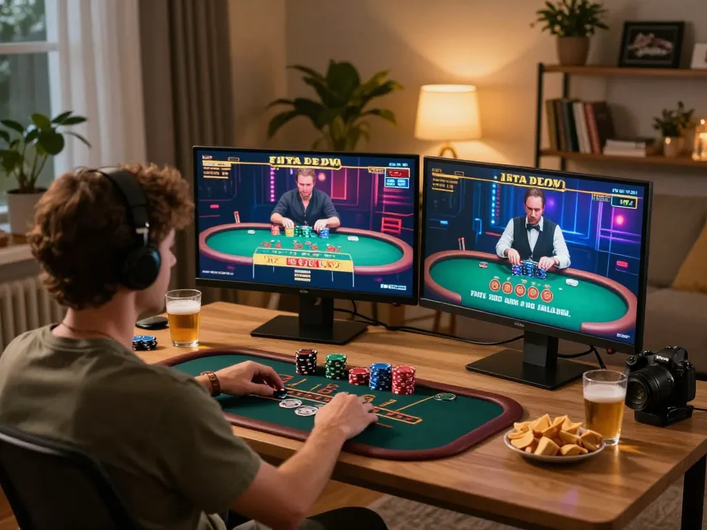 Engaging online gambling session featuring a home gamer enjoying G28 TRANG CHỦ blackjack and poker on dual screens.