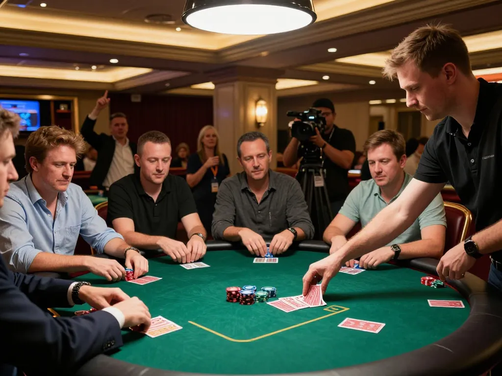 KO66 poker players focusing on their hands while a dealer shuffles cards at a tournament.