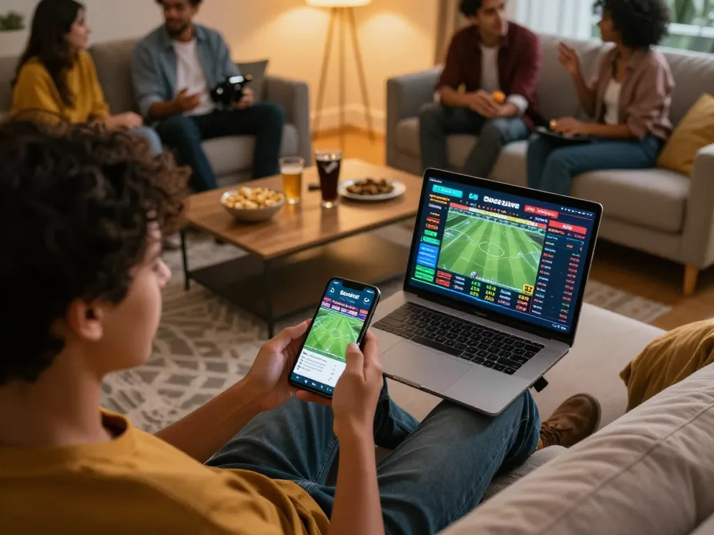 Socolive sports betting experience with vibrant atmosphere, smartphone showing live matches and detailed odds.
