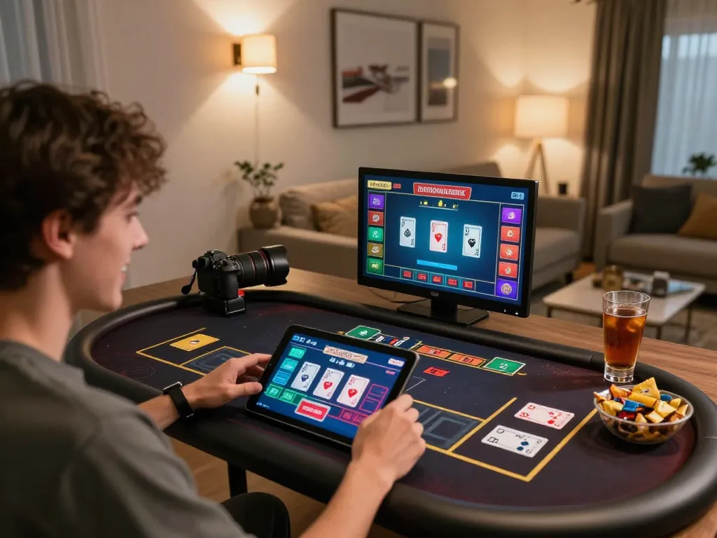 Engage with Go8 through live dealer games at home, showcasing an immersive gaming setup.