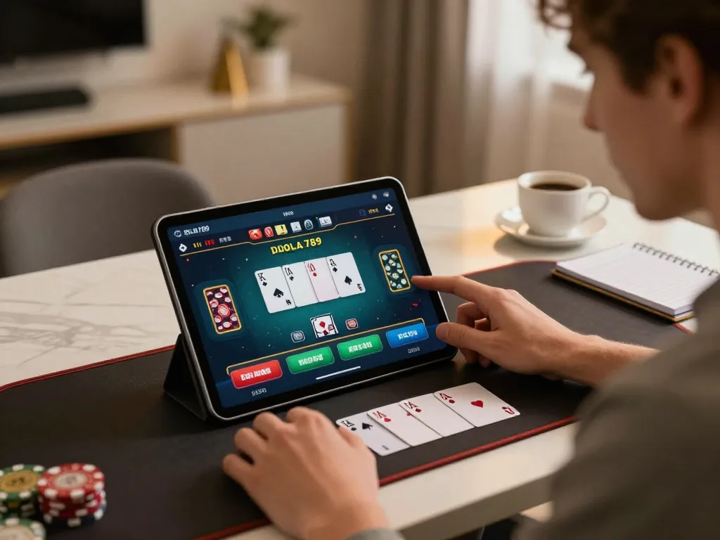 DOLA789 player enjoying an engaging blackjack game on a tablet in a cozy home setting