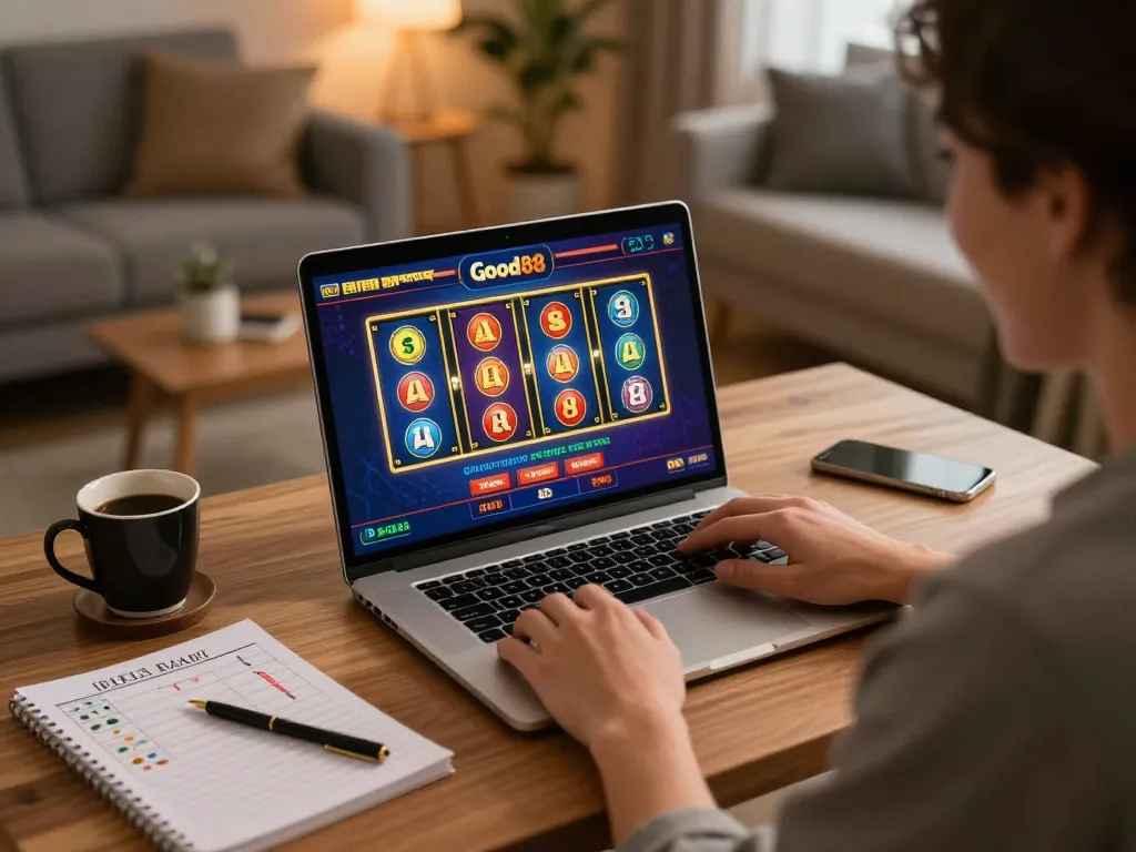Enjoying online slots at Good88 in a cozy home setting with vibrant visuals and strategy notes.