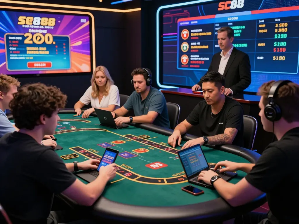 An energetic online gaming experience at SC88 showcasing diverse players engaged in virtual casino games with modern technology.