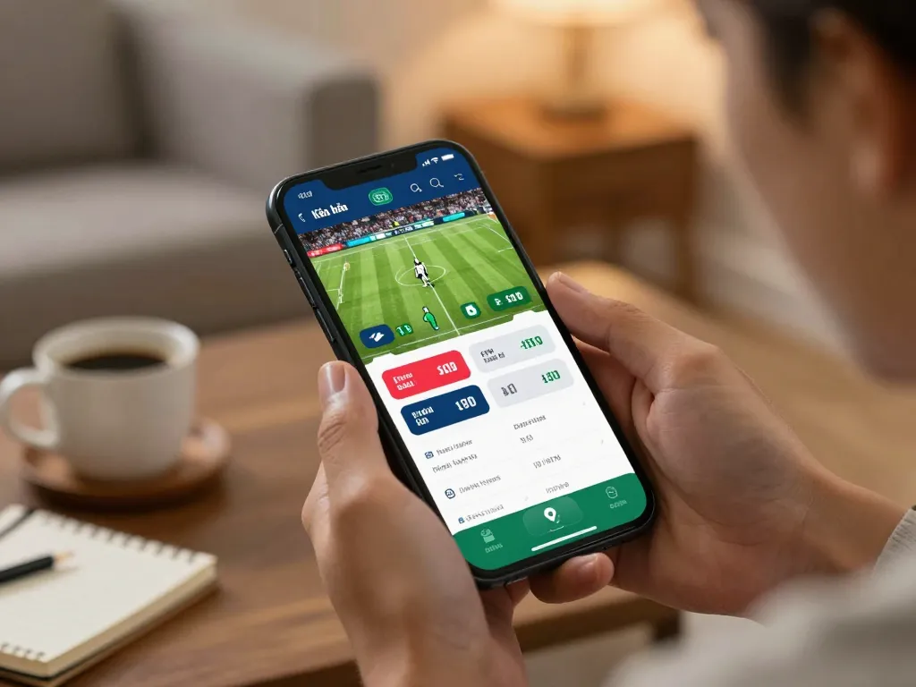 Kèo nhà cái displayed on smartphone as user places live sports bet in cozy home setting