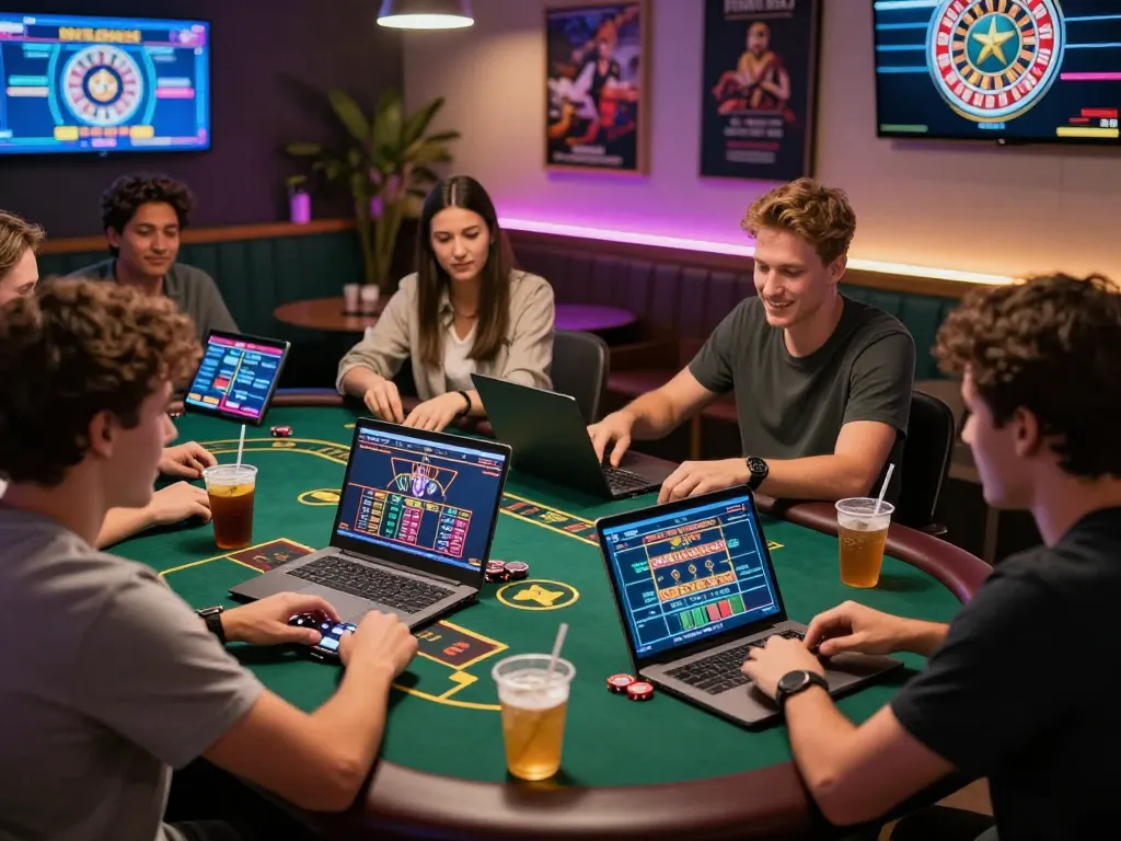 Engaging gaming environment showcasing Five88 uy tín through friends enjoying live casino games together.