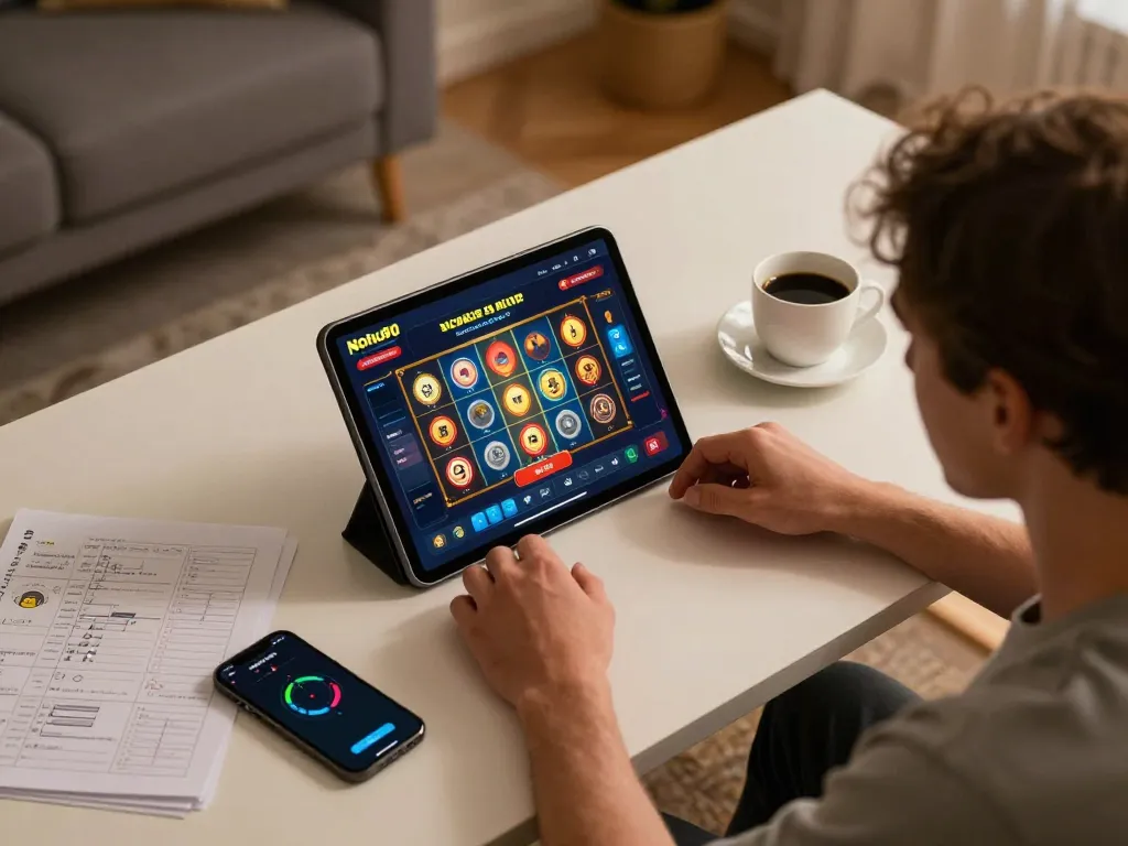 Nohu90 player strategizing online slots game at a cozy home desk setting.