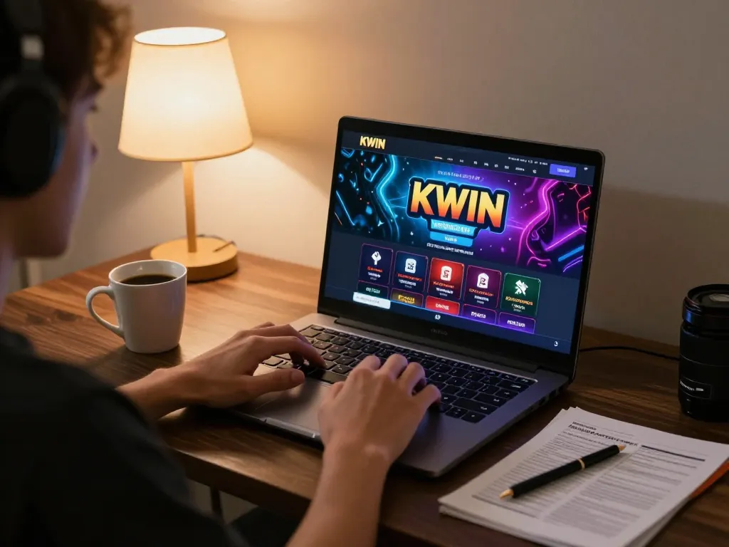 Kwin user engaged in strategic online gaming at home, showcasing a laptop interface and gaming setup.