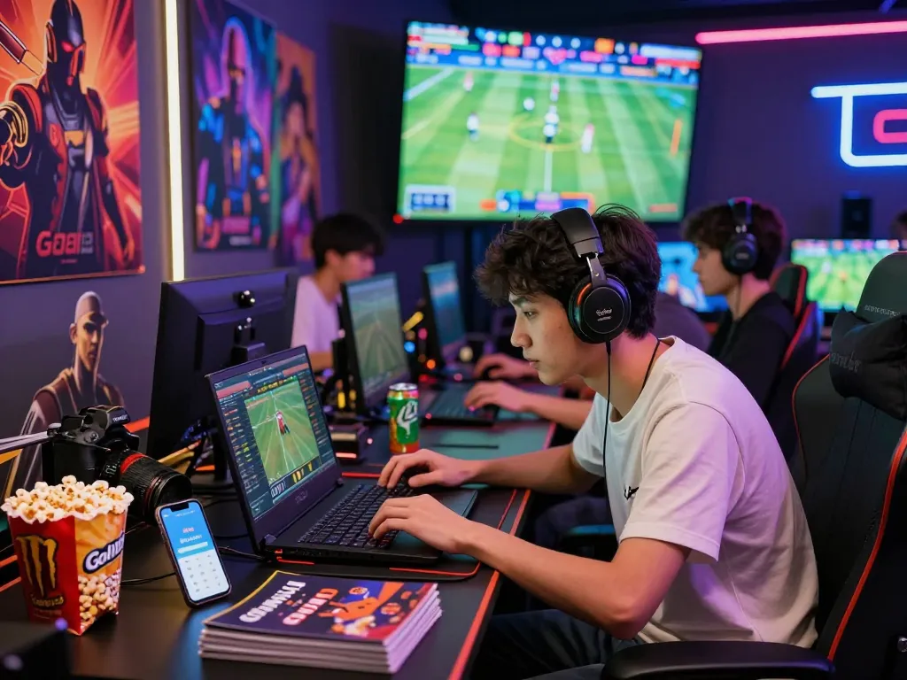 Goal123 online gaming scene with players engaged in sports betting and gaming activities, showcasing vibrant atmosphere.